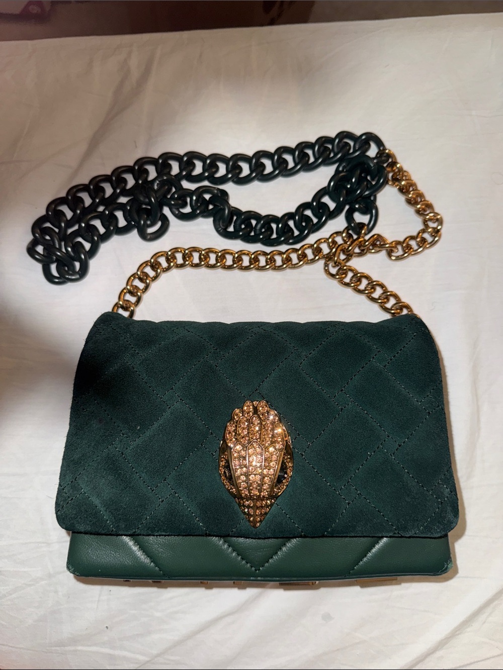 Kurt Geiger Dark Green Quilted Suede Crossbody with Gold Crystal Clasp